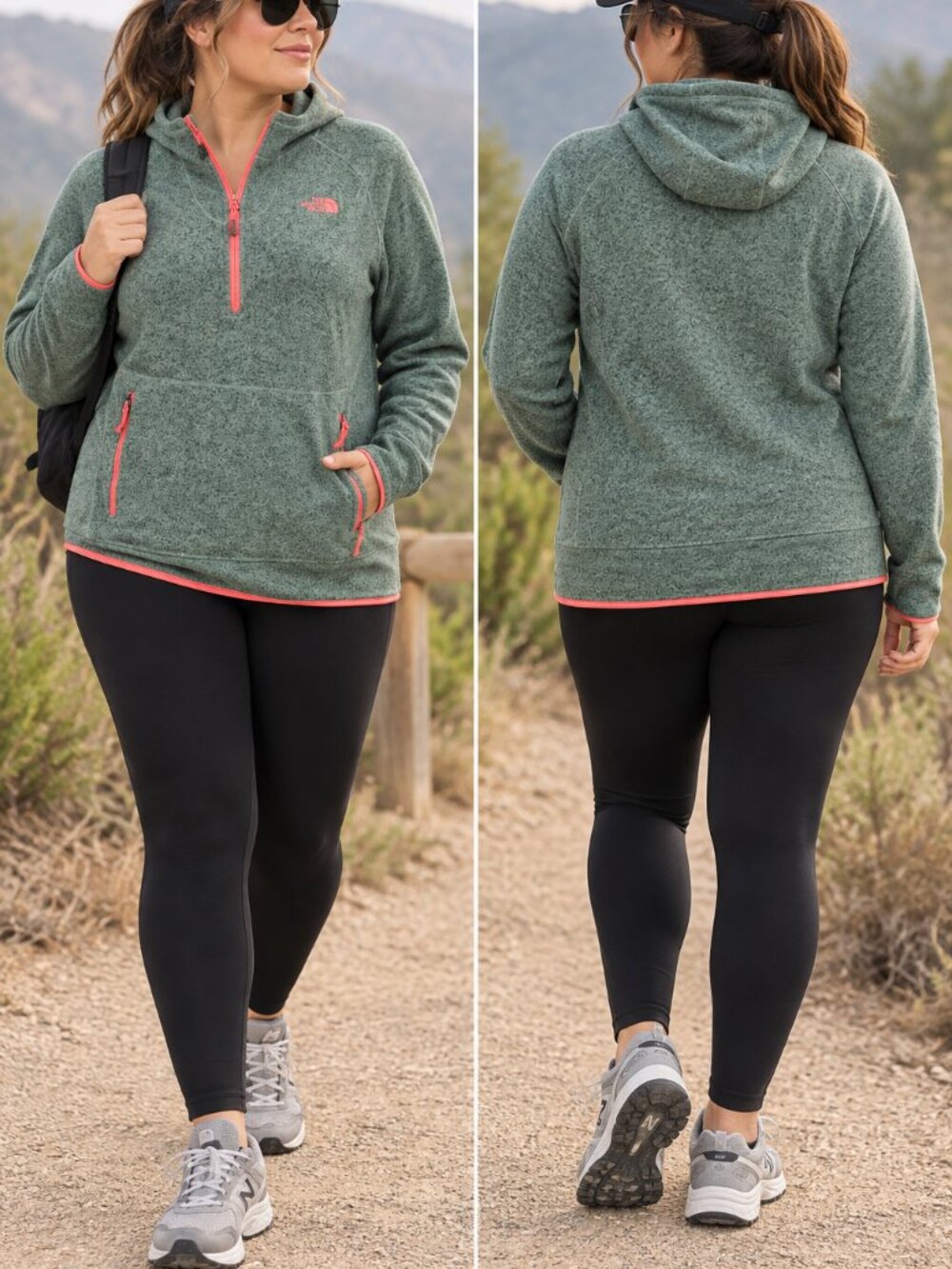 The North Face Women’s XXL Green Heather Hooded 1/4 Zip Fleece Pullover Coral